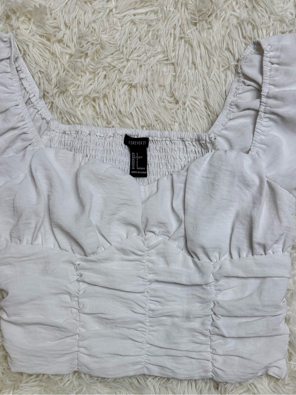 Forever 21 White Ruched Puff-Sleeve Square-Neck Crop Top